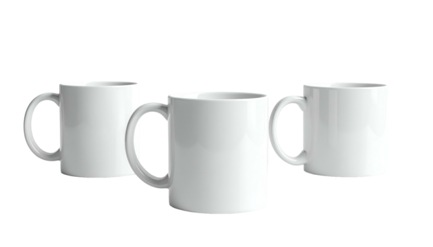 Three plain white ceramic coffee mugs, isolated on a black background, with handles