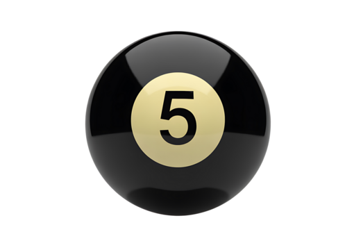 Black number 5 billiard ball isolated on transparent background, sleek glossy sphere with golden circle and number, perfect for games and sports themes