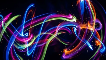 Dynamic abstract light trails create a vibrant, colorful energy pattern.