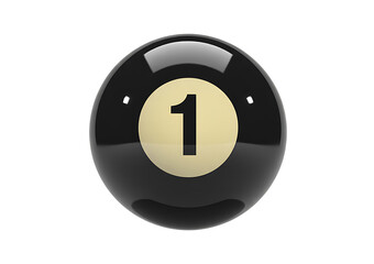 Black billiards ball with number one centered on a beige circle, shiny surface reflects light, 3D render isolated on transparent background