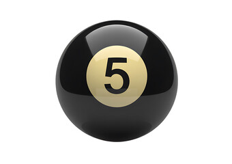 Black and gold number five billiard ball isolated on a transparent background for game and sports concepts three dimensional render