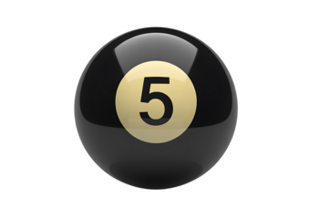 Black and gold number five billiard ball isolated on a transparent background for game and sports concepts three dimensional render