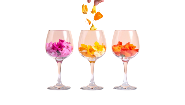 Three wine glasses fill with vibrant flowers, a hand pouring blooms. Black background