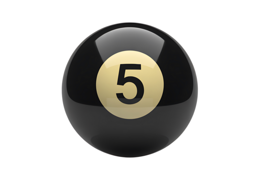 Black and gold number five billiard ball isolated on a transparent background for game and sports concepts three dimensional render