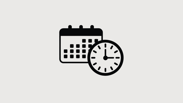 A simple black and white icon of a calendar with days marked and a clock with hands showing the time