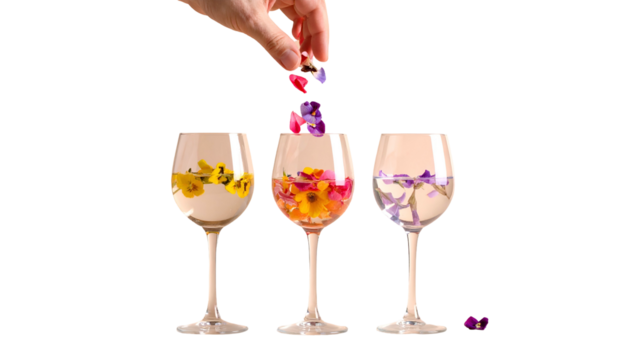 Hand placing flowers into wine glasses filled with colorful petals, black background