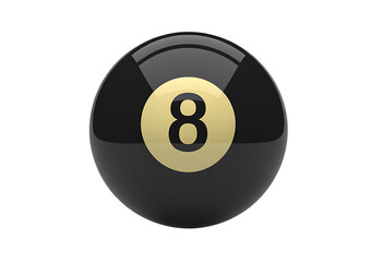 Shiny black eight ball with a golden circle and the number 8 in the center isolated on a transparent background