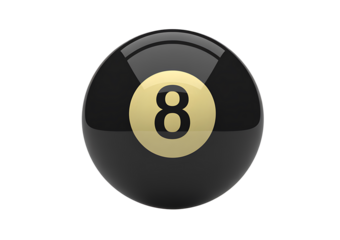 Shiny black eight ball with a golden circle and the number 8 in the center isolated on a transparent background