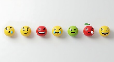 Seven colorful emoji and apple-shaped stress balls lined up on a clean white background, expressing various emotions and fruit designs.