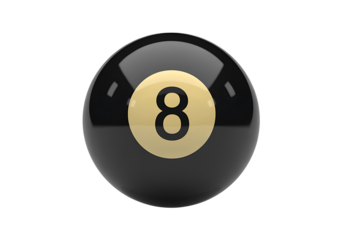 Shiny black eight ball with a golden circle and the number 8 in the center isolated on a transparent background