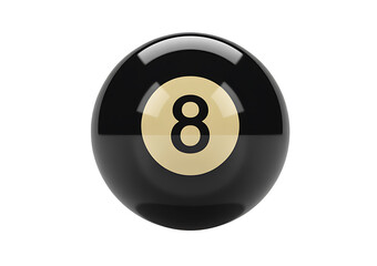 Shiny black eight ball with a golden circle and the number 8 in the center isolated on a transparent background