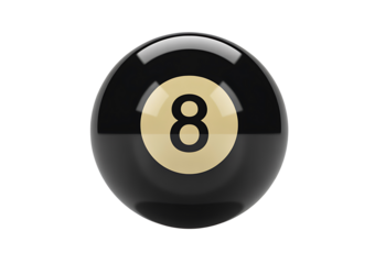 Shiny black eight ball with a golden circle and the number 8 in the center isolated on a transparent background