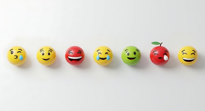 Seven colorful emoji and apple-shaped stress balls lined up on a clean white background, expressing various emotions and fruit designs.