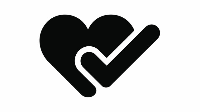A black heart with a check mark overlapping it on a white background in a simple graphic design
