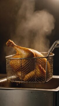 Deep fried turkey rising from hot oil