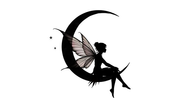 Silhouette of a fairy with delicate wings sitting gracefully on a crescent moon, isolated on a white background, evoking a sense of magic and fantasy. - Powered by Adobe