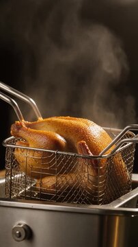 Deep fried turkey rising from hot oil