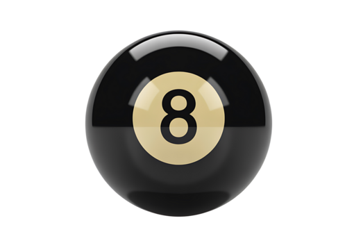 Shiny black eight ball with a golden circle and the number 8 in the center isolated on a transparent background