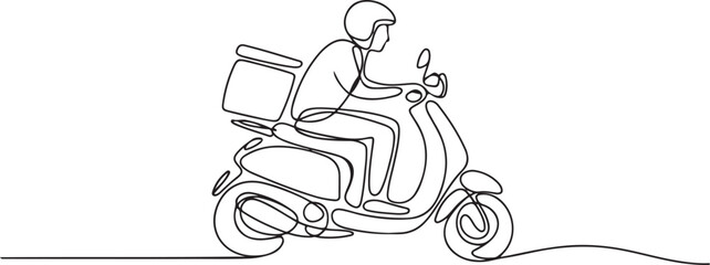 Continuous line art or One Line Drawing of Delivery Man Ride Scooter Motorcycle Cartoon Vector illustration. one line Icon drawing © firoz