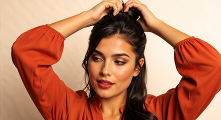 Young brunette woman styling her long wavy hair into an updo. Beauty and hair care concept with a fashionable model in a studio setting