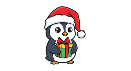 Adorable cartoon penguin in a Santa hat holding a festive gift, ready for holiday cheer.
