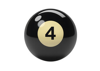Shiny black number four billiard ball with golden yellow circle and bold black number on transparent background realistic 3d render illustration