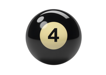 Shiny black number four billiard ball with golden yellow circle and bold black number on transparent background realistic 3d render illustration