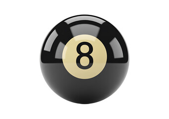 Shiny black pool ball with number eight in light gold circle on transparent background realistic 3d render isolated object