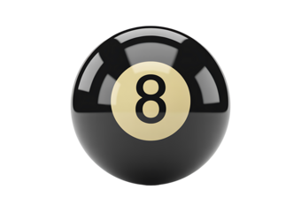 Shiny black pool ball with number eight in light gold circle on transparent background realistic 3d render isolated object