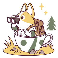 Evergreen Trails colored Corgi with a Surprised touch, placed in a Forest adventure theme and styled with sitting in a teacup ride