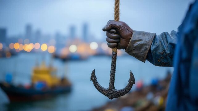 Close-up of a rough hand holding a massive hook, textures of rust and rope visible, harbor skyline and ships softly blurred in background