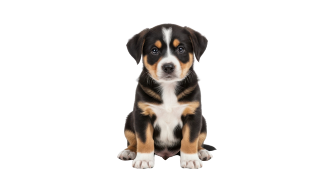 Cute Entlebucher Mountain Dog puppy sitting isolated PNG with Transparent Background