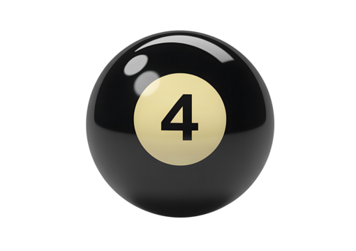 Shiny black number four billiard ball with golden yellow circle and bold black number on transparent background realistic 3d render illustration