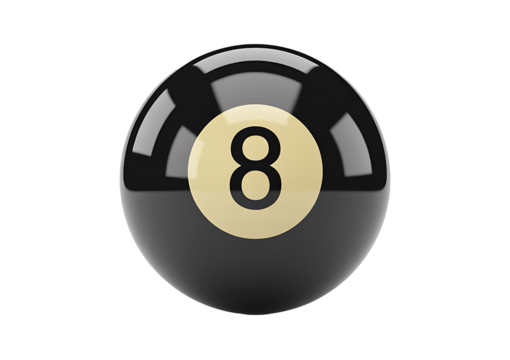 Shiny black pool ball with number eight in light gold circle on transparent background realistic 3d render isolated object - Powered by Adobe