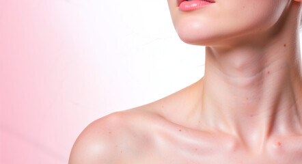 Naklejka premium Close-up of a woman's neck and shoulder with moles. Skincare and dermatology concept for skin health and beauty treatments on a pink background with copy space