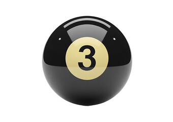 Shiny black pool ball with number three in light gold circle on transparent background realistic 3d render isolated object