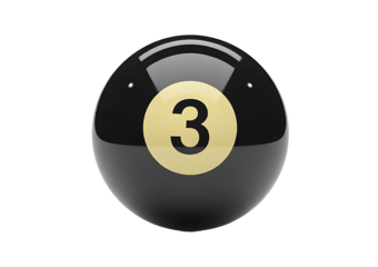 Shiny black pool ball with number three in light gold circle on transparent background realistic 3d render isolated object