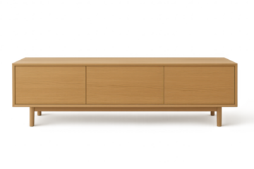 Modern light wood sideboard cabinet with three doors isolated on transparent background