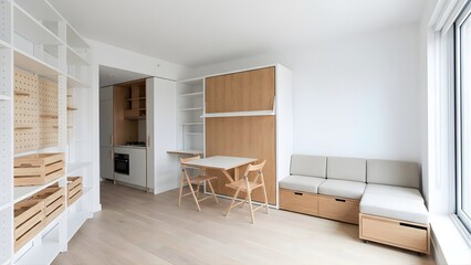 Fototapeta premium Minimalist small apartment interior with compact kitchen and dining table suitable for studio