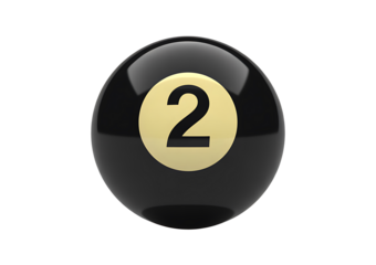Shiny black pool ball with number two in light gold circle on transparent background realistic 3d render isolated object