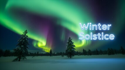 Obraz premium Winter solstice aurora borealis display over snowy landscape and evergreen trees
