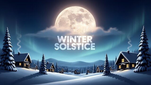 Winter solstice village scene with full moon and snowy landscape illustration - Powered by Adobe