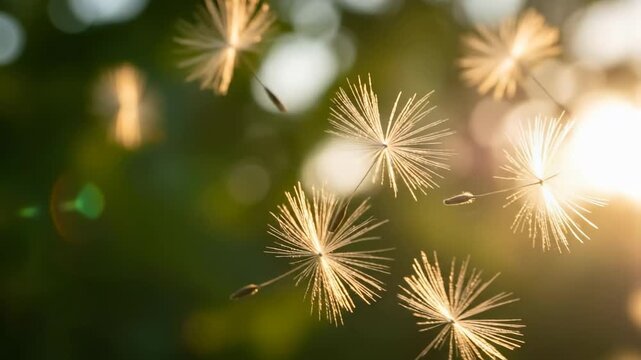 Nature's gentle dance dandelion seeds float freely in the soft glow of a summer sun, embodying lightness and growth, a symbol of hope and new beginnings