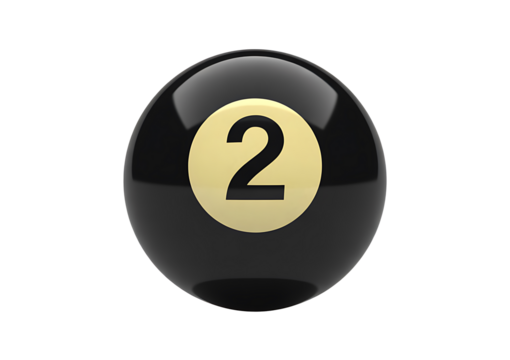 Shiny black pool ball with number two in light gold circle on transparent background realistic 3d render isolated object