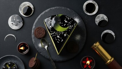 A slice of matcha cheesecake with a crescent moon design, surrounded by moon phase coasters, chocolate cookies, candles, and a telescope on a black slate, creating a celestial dessert scene