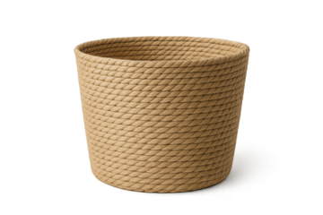 Empty natural rope basket with textured design isolated on transparent background