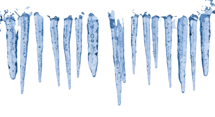 a perfect row of hyper-detailed, crystalline icicles with an internal sapphire blue glow, trapped air bubbles, against a transparent studio background using high-contrast sidelighting. concept of