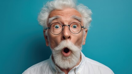 Senior Caucasian man with white hair and glasses expressing surprise against a blue background. He has a bushy beard and an open mouth.