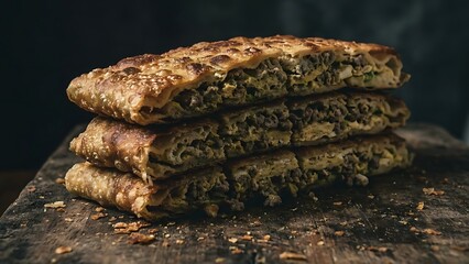 A stack of freshly baked savory meat pies with a golden crust sits on a rustic wooden board.