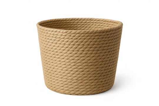 Empty natural rope basket with textured design isolated on transparent background